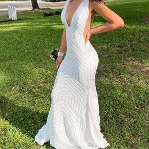 Jovani White Long V Neck Sequin Embellished Prom Dress